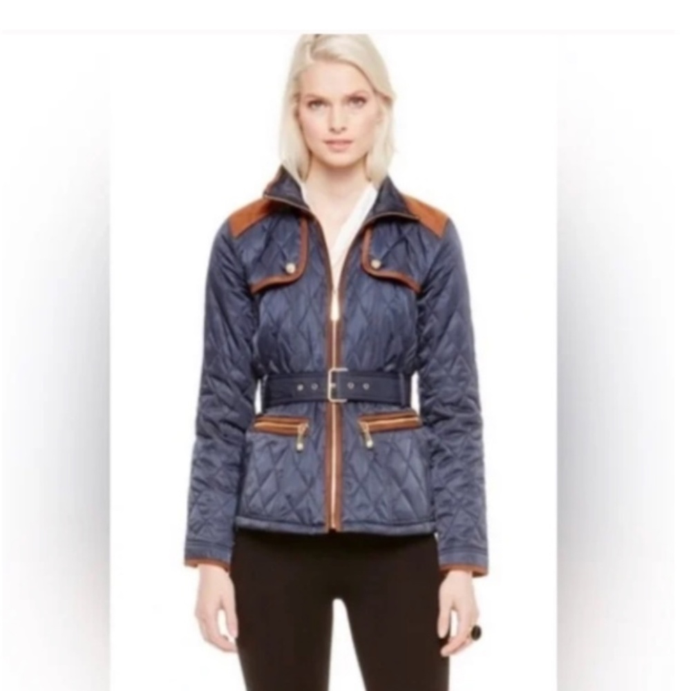 NEW! Vince Camuto Navy Blue and Tan Belted Jacket Size XS - Picture 2 of 15